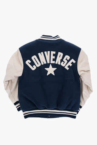 Varsity Jacket With Vegan Leather Sleeves And Logo Buttons