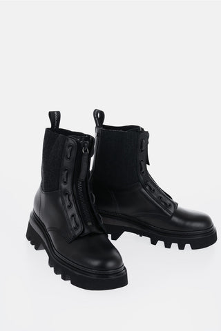 Leather Combat Boots with Frontal Zip