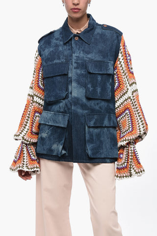 Giubbotto Sahariano in Denim con Maniche Crochet