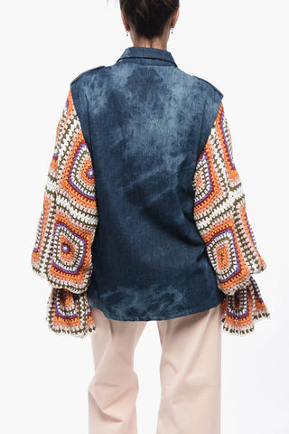Giubbotto Sahariano in Denim con Maniche Crochet