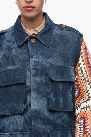 Giubbotto Sahariano in Denim con Maniche Crochet