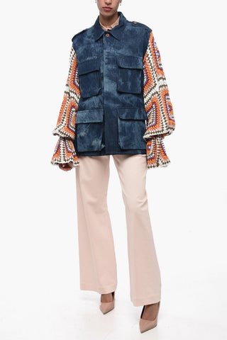 Giubbotto Sahariano in Denim con Maniche Crochet