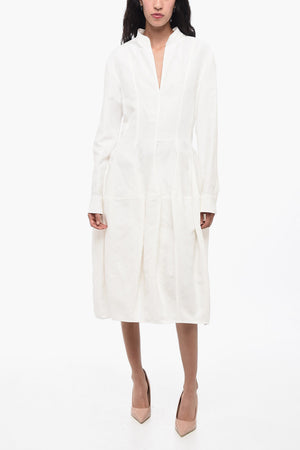 Linen-Blend Dress with Ruching and V-Neck
