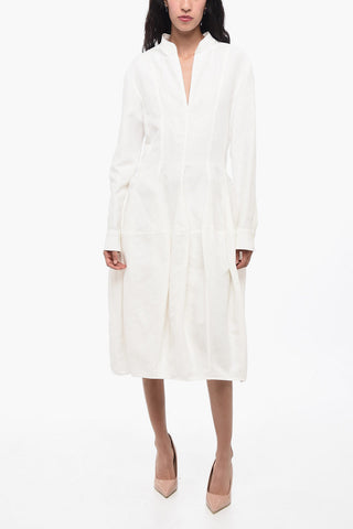 Abito in Misto Lino con Ruches e Scollo a V