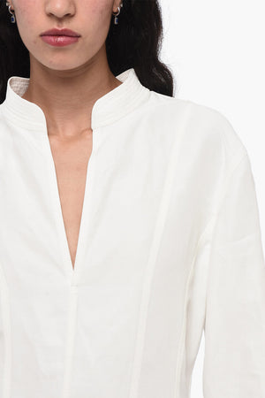 Linen-Blend Dress with Ruching and V-Neck