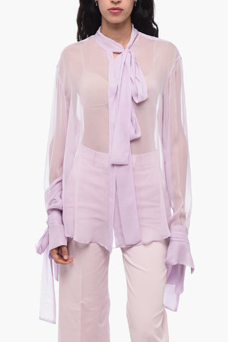 Camicia Tie Neck in Chiffon di Seta con Polsini Annodati