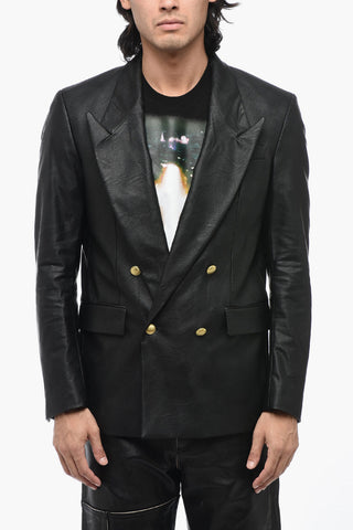 Faux Leather Double-Breasted Blazer with Golden Buttons