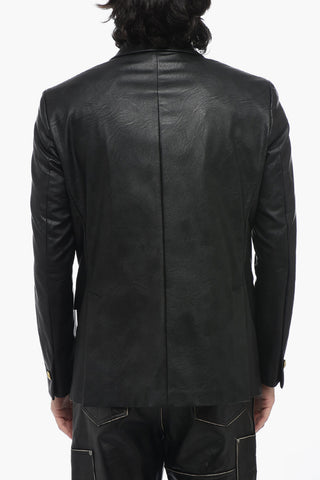 Faux Leather Double-Breasted Blazer with Golden Buttons
