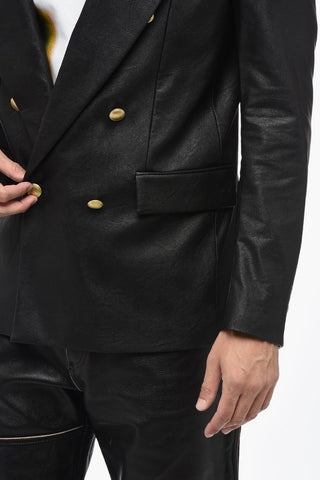 Faux Leather Double-Breasted Blazer with Golden Buttons