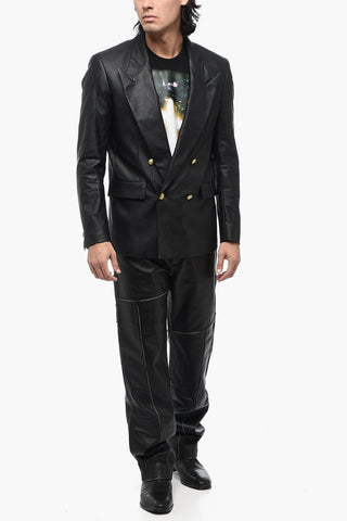 Faux Leather Double-Breasted Blazer with Golden Buttons