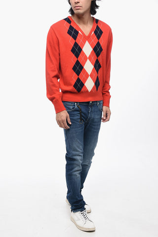 Argyl Motif Two-Tone Crew-neck Sweater