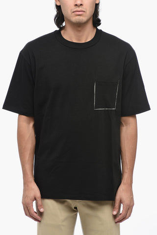 Solid Color Crew-neck T-Shirt with Breast Pocket and Visible Stitching