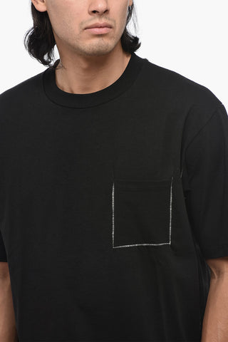 Solid Color Crew-neck T-Shirt with Breast Pocket and Visible Stitching