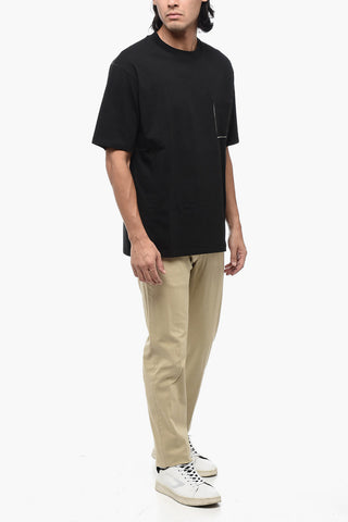 Solid Color Crew-neck T-Shirt with Breast Pocket and Visible Stitching