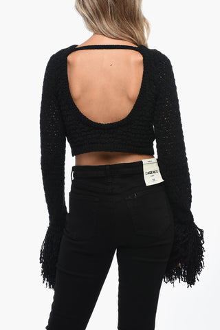 Openwork Crop Sweater with Fringe Detail