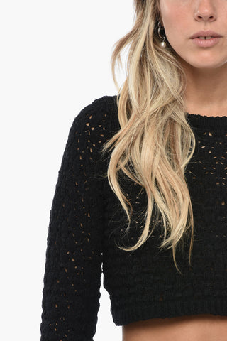 Openwork Crop Sweater with Fringe Detail