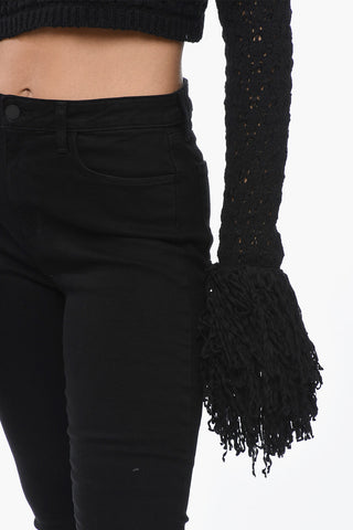 Openwork Crop Sweater with Fringe Detail