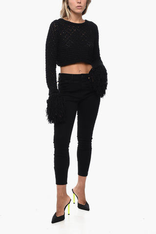 Openwork Crop Sweater with Fringe Detail