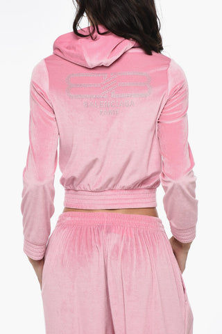 Chenille Zipped Hoodie With Rhinestoned Logo