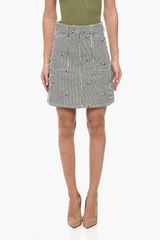 Awning Stripe Denim Miniskirt with Embroideries