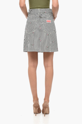 Awning Stripe Denim Miniskirt with Embroideries