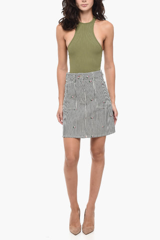 Awning Stripe Denim Miniskirt with Embroideries