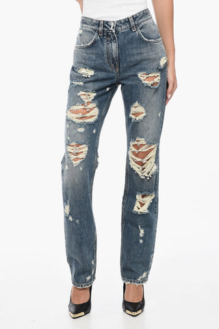 Jeans Slim Fit in Cotone Distressed con Dettagli Gioiello 18cm