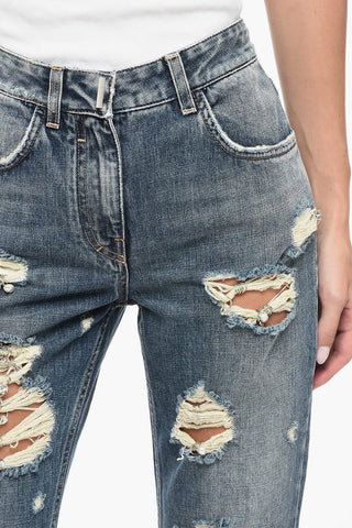 Jeans Slim Fit in Cotone Distressed con Dettagli Gioiello 18cm