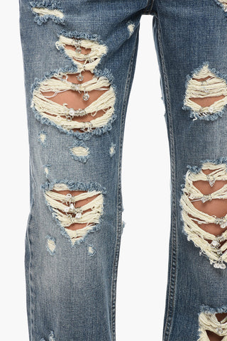 Jeans Slim Fit in Cotone Distressed con Dettagli Gioiello 18cm