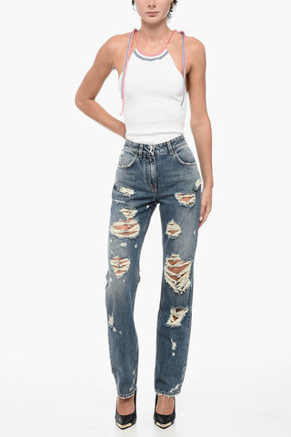 Jeans Slim Fit in Cotone Distressed con Dettagli Gioiello 18cm