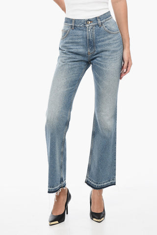 Cotton Blend Cropped Fit Denims with Fringed Hem 23cm