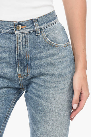 Cotton Blend Cropped Fit Denims with Fringed Hem 23cm