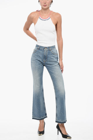 Cotton Blend Cropped Fit Denims with Fringed Hem 23cm