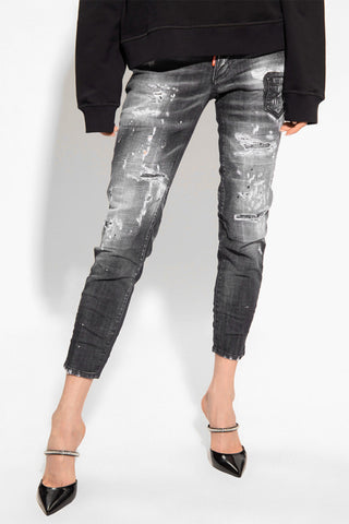 Cropped JENNIFER Denims with Distressed Effect and Transparent Logo Patch 14cm