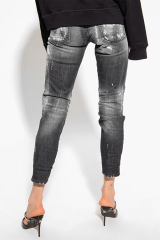 Cropped JENNIFER Denims with Distressed Effect and Transparent Logo Patch 14cm