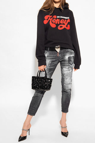 Cropped JENNIFER Denims with Distressed Effect and Transparent Logo Patch 14cm