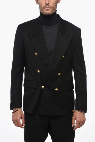 Solid Color Double-Breasted Blazer with Golden Buttons