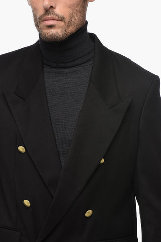 Solid Color Double-Breasted Blazer with Golden Buttons