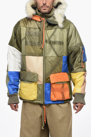 Patchwork MULTI STITCHWORK Down Jacket with Faux Fur