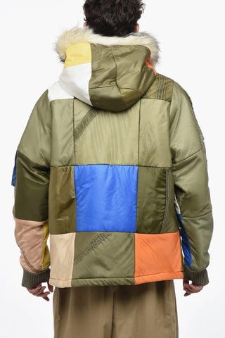 Patchwork MULTI STITCHWORK Down Jacket with Faux Fur