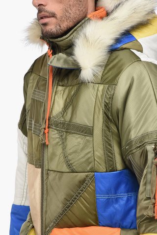 Patchwork MULTI STITCHWORK Down Jacket with Faux Fur