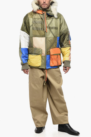 Patchwork MULTI STITCHWORK Down Jacket with Faux Fur