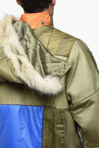 Patchwork MULTI STITCHWORK Down Jacket with Faux Fur