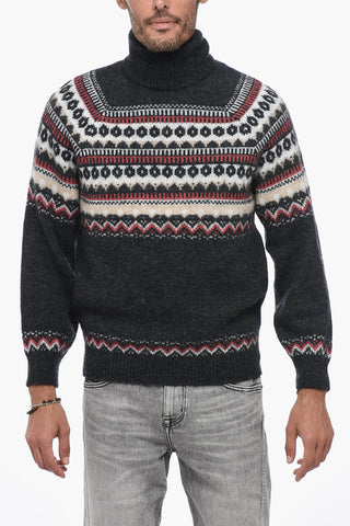 Pullover a Collo Alto in Misto Alpaca con Motivo Fairisle