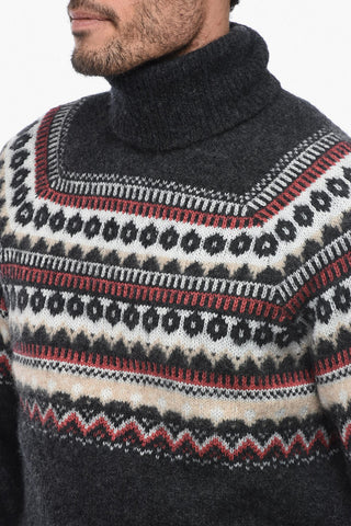 Pullover a Collo Alto in Misto Alpaca con Motivo Fairisle