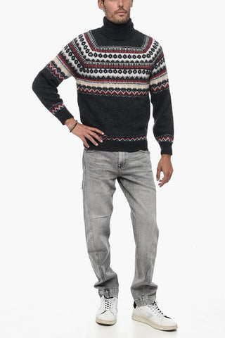Pullover a Collo Alto in Misto Alpaca con Motivo Fairisle