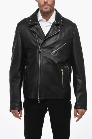 Leather Biker Jacket with Studs Application
