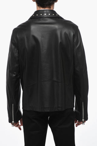 Leather Biker Jacket with Studs Application