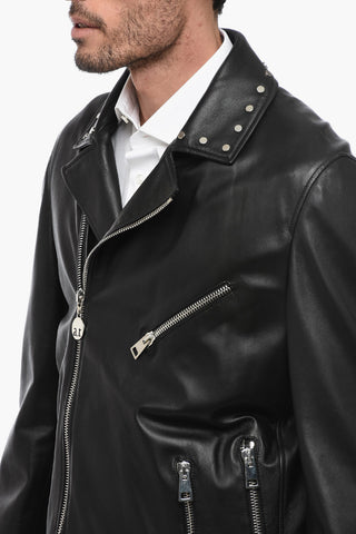 Leather Biker Jacket with Studs Application