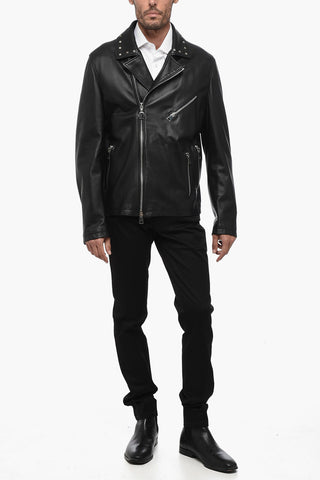 Leather Biker Jacket with Studs Application